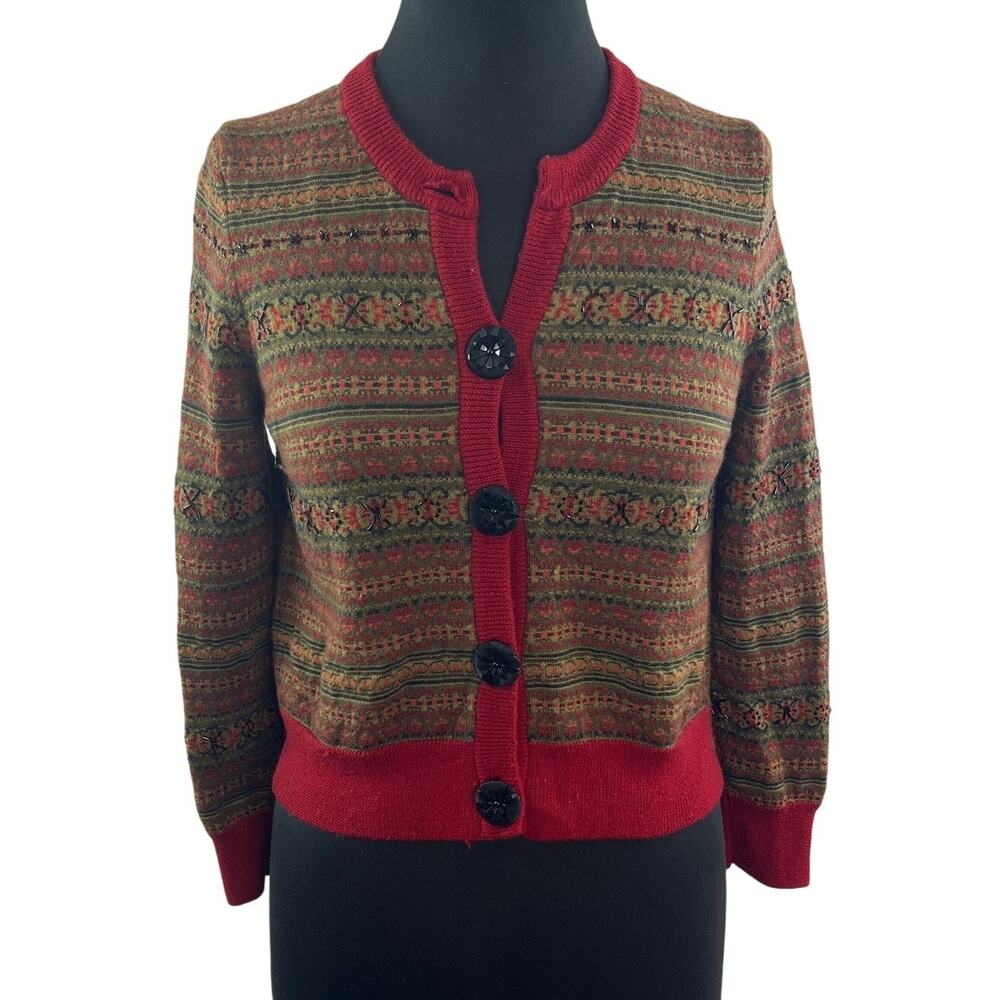 Easel Anthropologie Cardigan Sweater Fair Isle Knit Crew Neck Front Button S/ M?